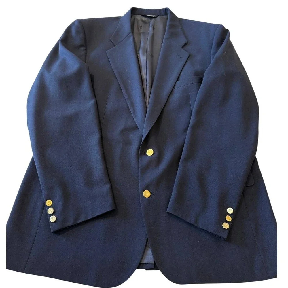 Burberrys Vintage Navy Blue Pure Wool 100% Blazer Gold Crested Buttons Men's IVY